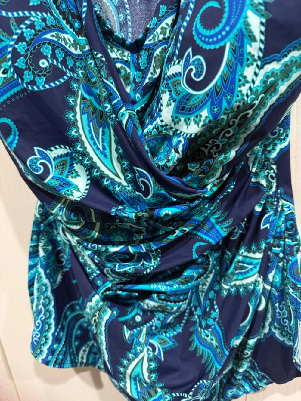 Lands' End Women Slender Surplice Blue Paisley Tunic One Piece Swimsuit 16D NWOT